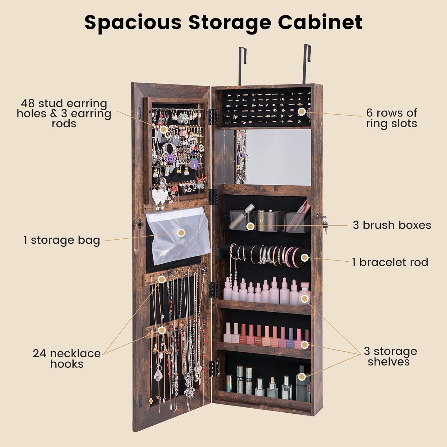Full-Length Lighted Mirror Jewelry Cabinet with Drawers